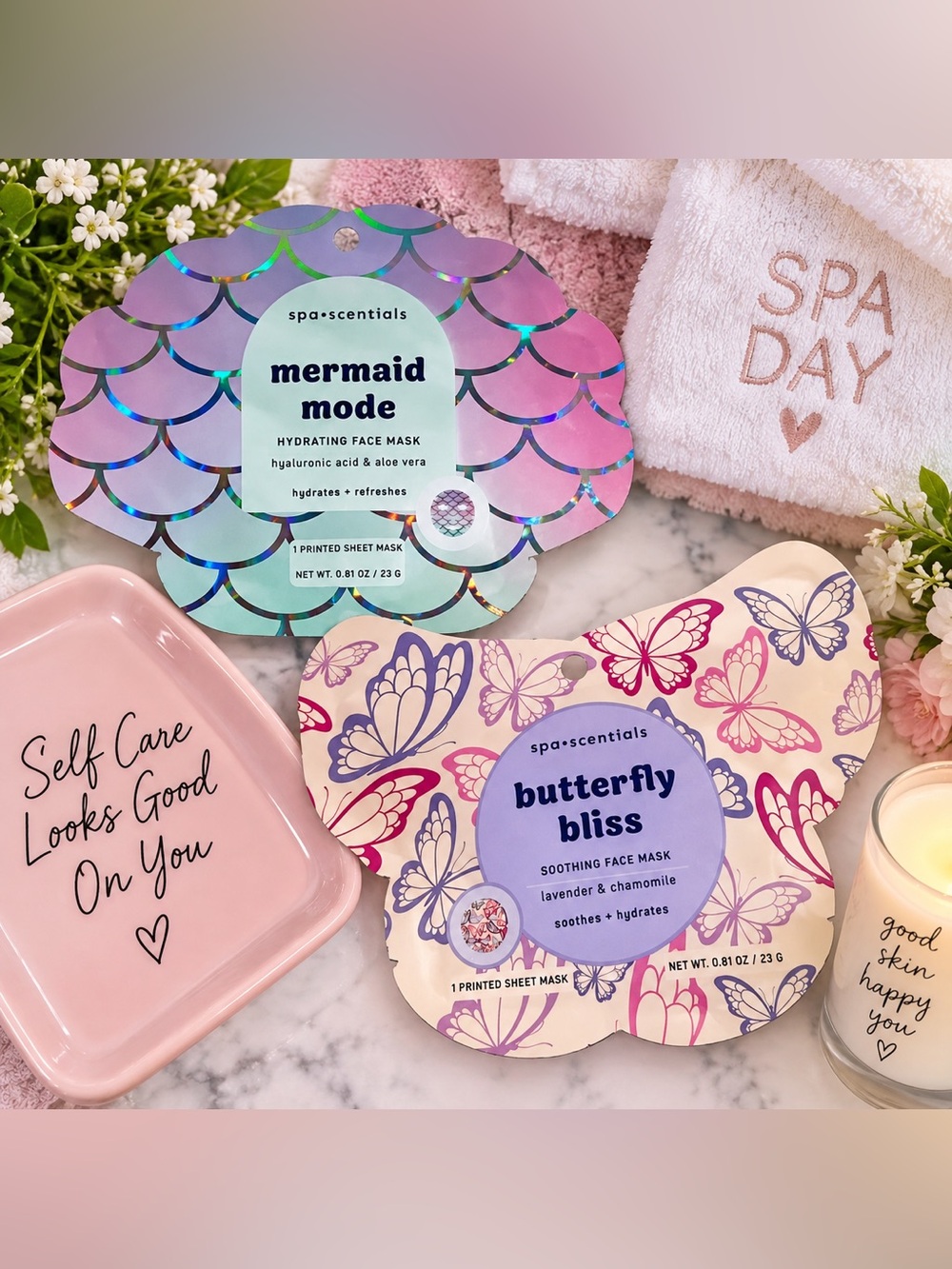 SpaScentials Mermaid Mode & Butterfly Bliss Face Mask 2-Pack NWT